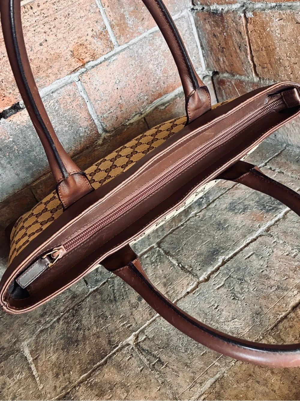🤎 Gucci GG Logo Canvas Leather Tote Bag Brown Beige
